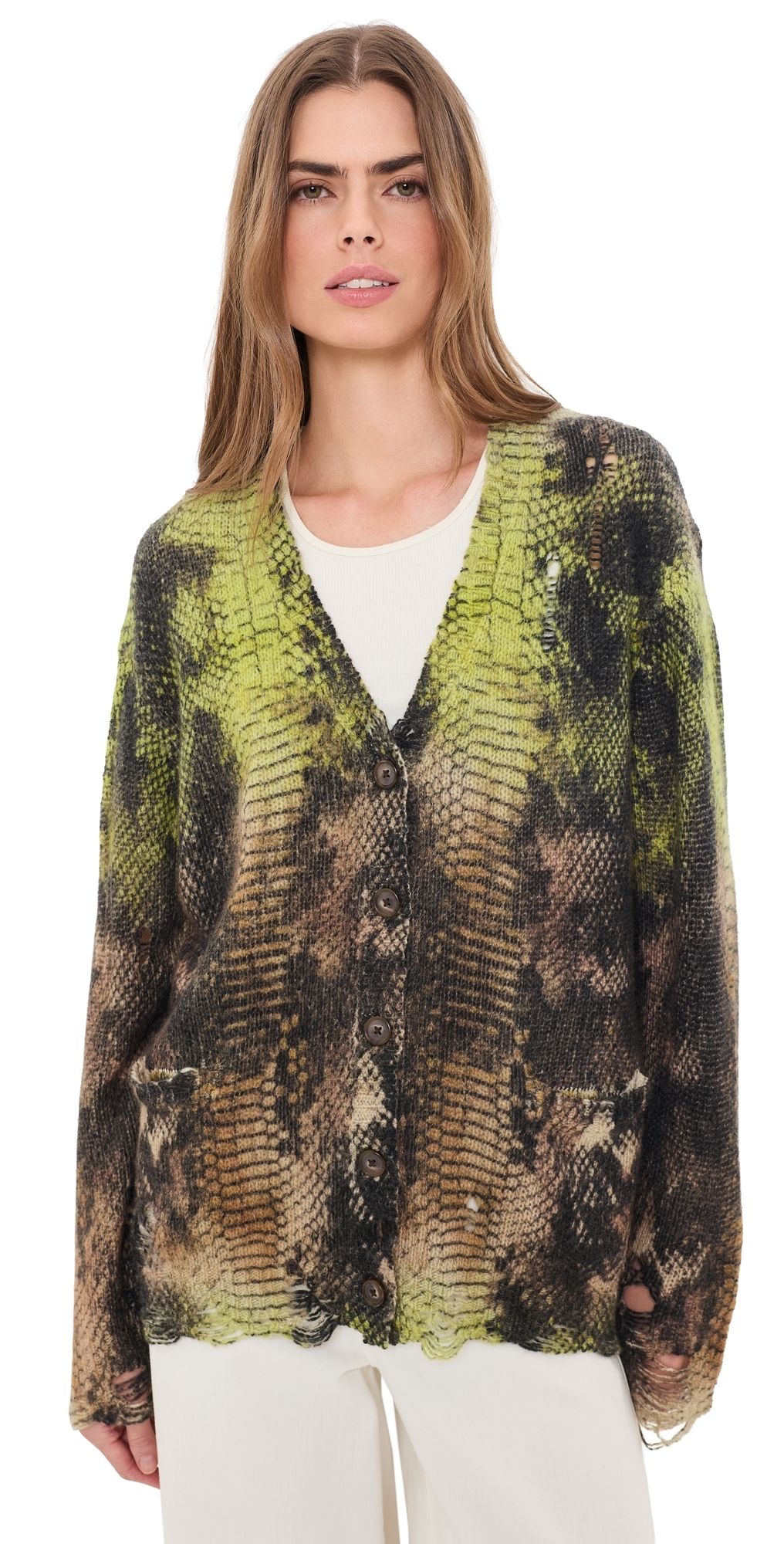 R13 Printed Boyfriend Cashmere Cardigan Brown Green Ombre Snake S