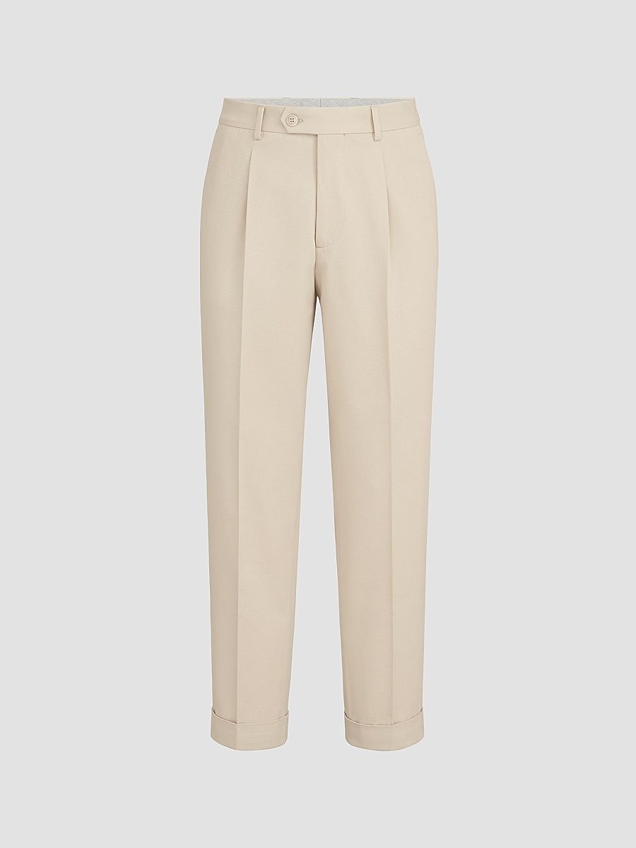 Men's Cotton and Virgin Wool Gabardine Trousers with Pleats - Ivory - Size 34