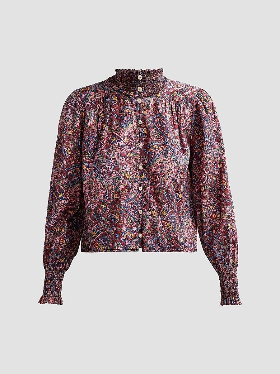Women's Pia Paisley Cotton-Blend Long-Sleeve Top - Black Multi - Size XL