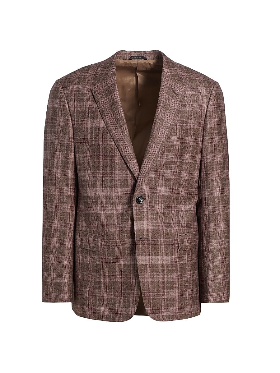 Men's Windowpane Plaid Wool Jacket - Copper - Size 38