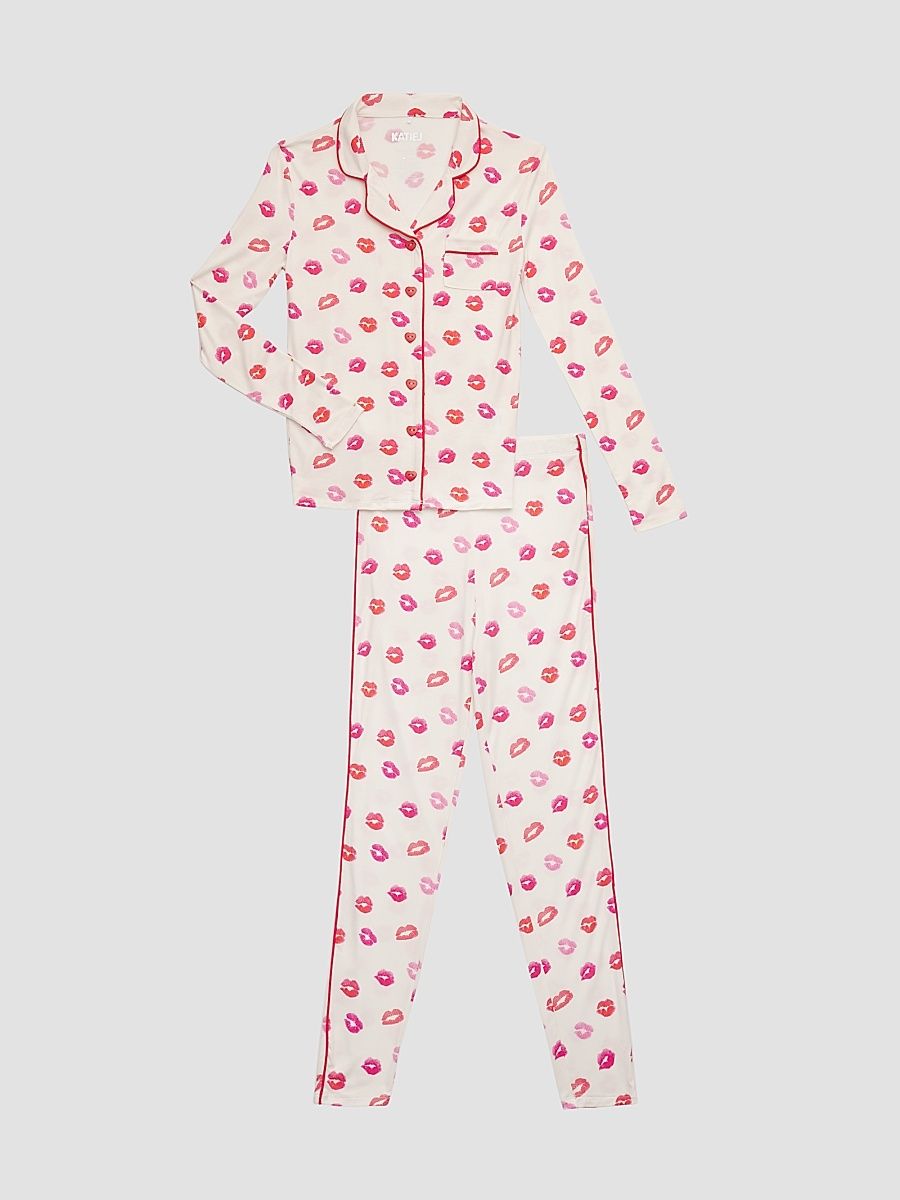 Girl's Maia Lip-Print Pajama Set - Lip White - Size 14