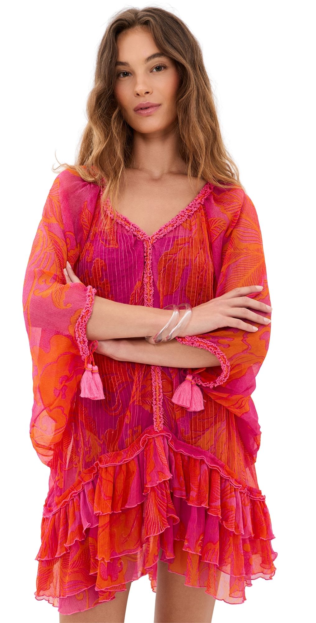 Poupette St Barth Poncho Nava Coverup Dress Pink Reef Wave Bicolore One Size