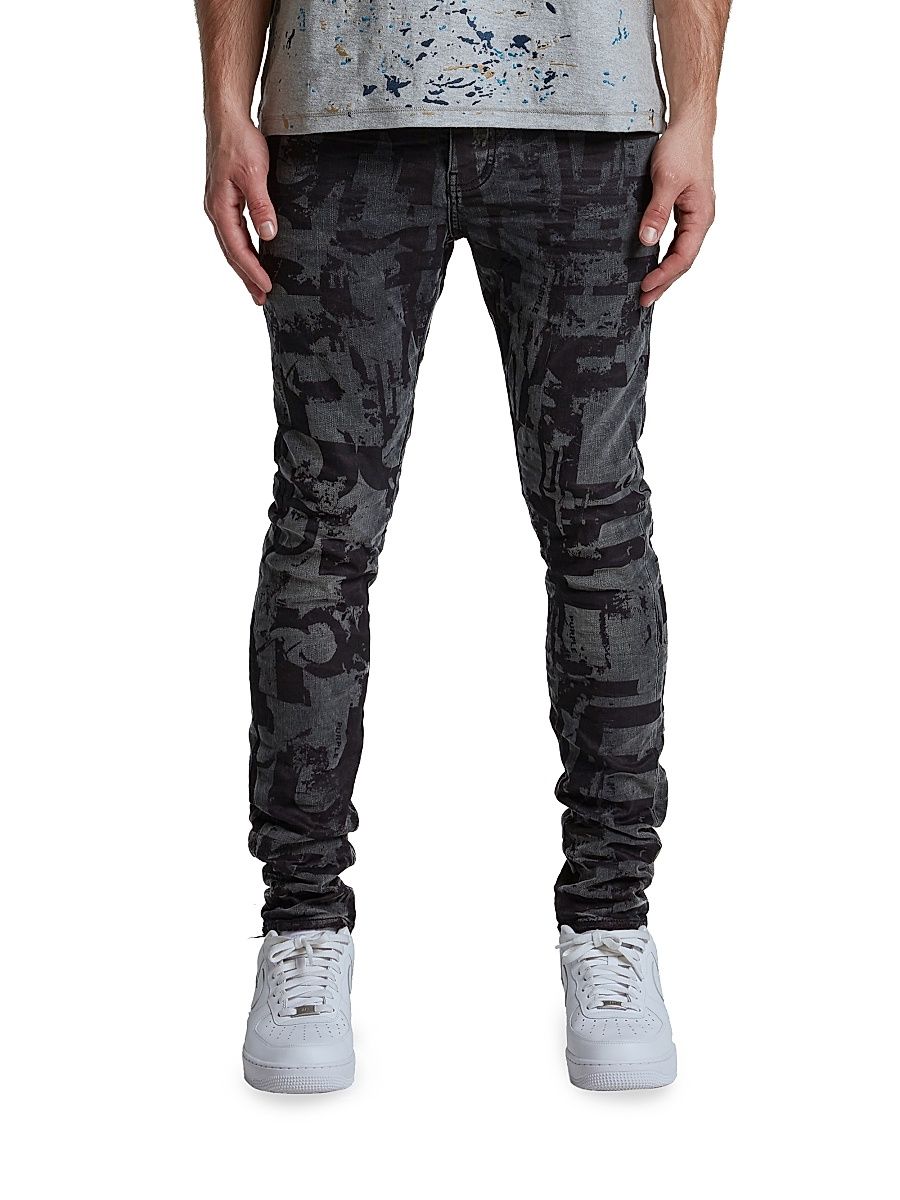 Men's P001 Grunge Print Skinny Jeans - Black - Size 40