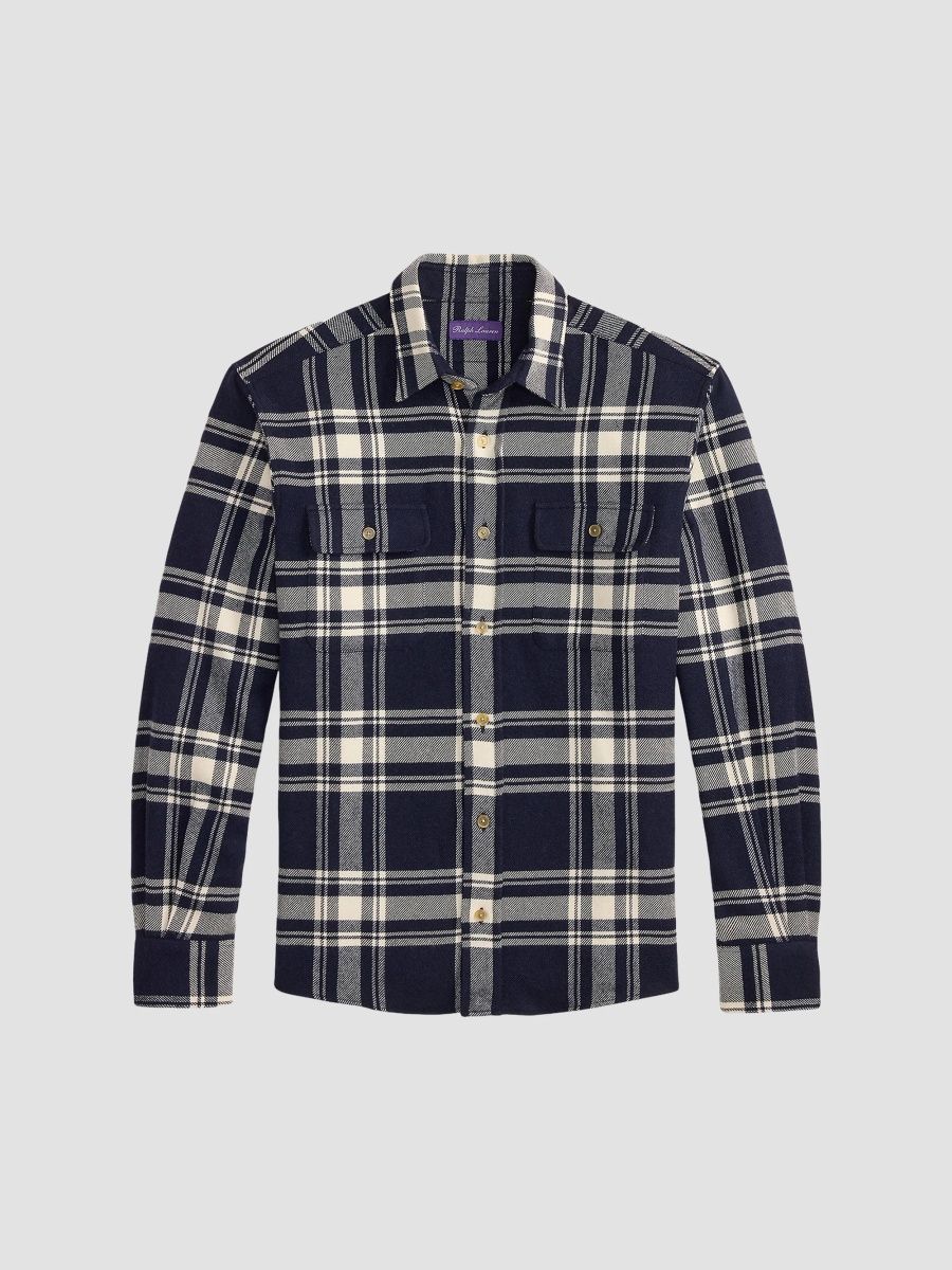 Ralph Lauren Purple Label Men's Plaid Cotton Flannel Shirt - Chairman Navy Cream - Size Large