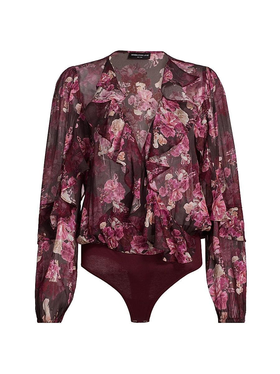 Women's Nikali Floral Wrap-Style Bodysuit - Burgundy Fleur Multi - Size Large