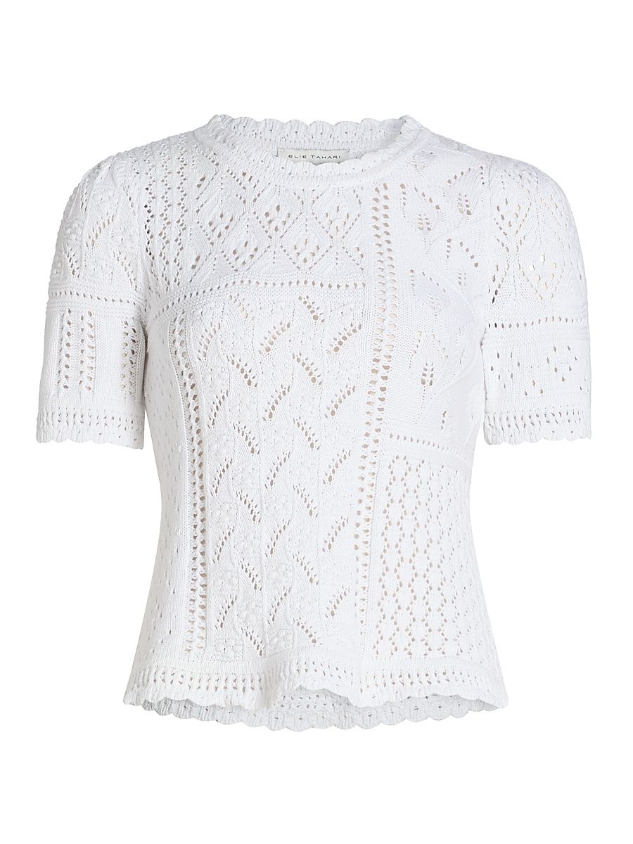 Women's The Lily Pointelle Cotton Knit Short-Sleeve Sweater - Sky White - Size XS