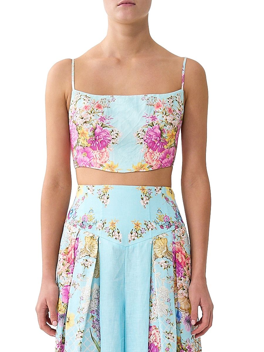 Women's Floral Corset Linen Crop Top - Bazaar Blooms - Size Medium