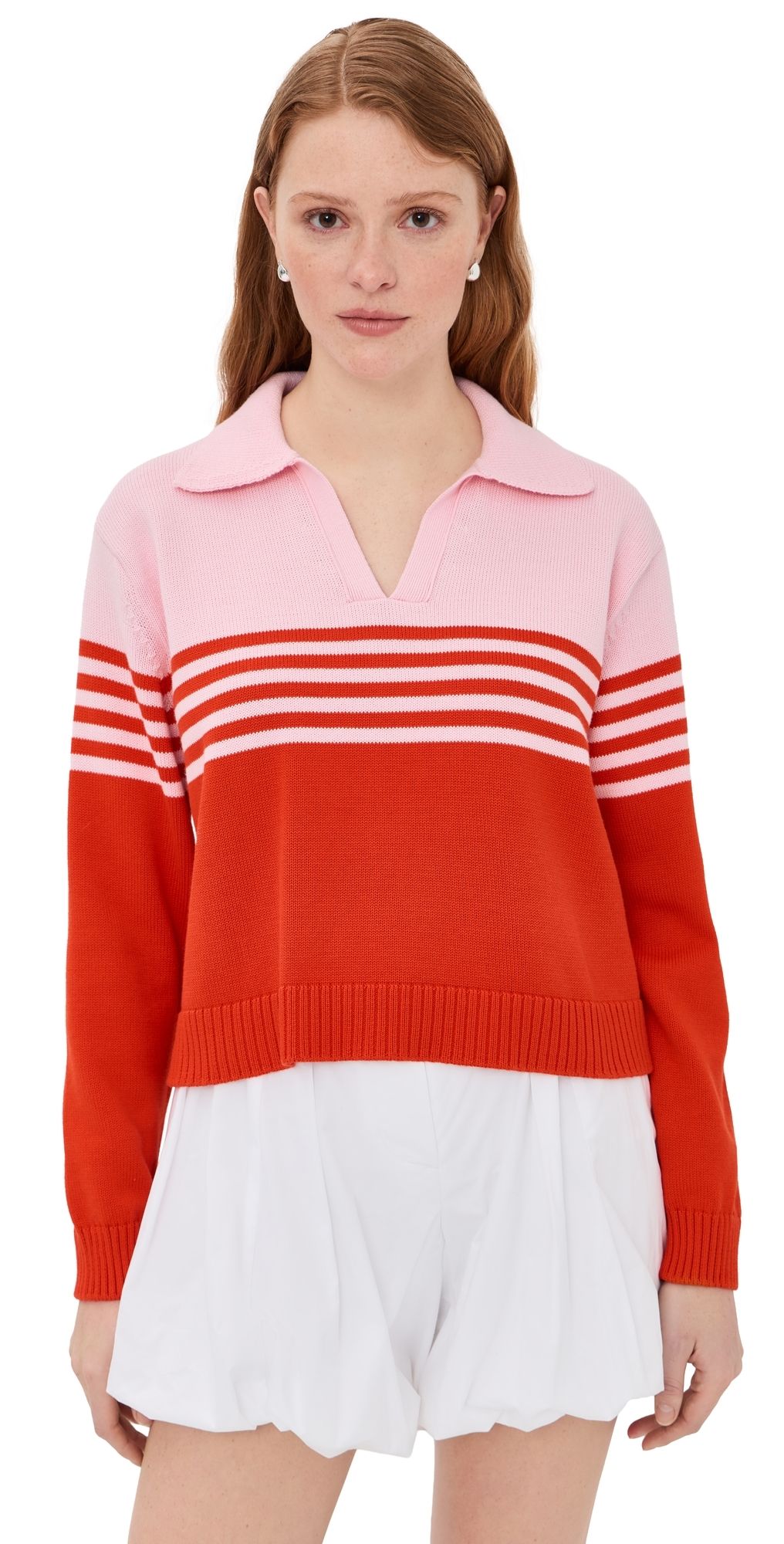SIMKHAI Jules Knit Polo Sweater Lobster Stripe XS