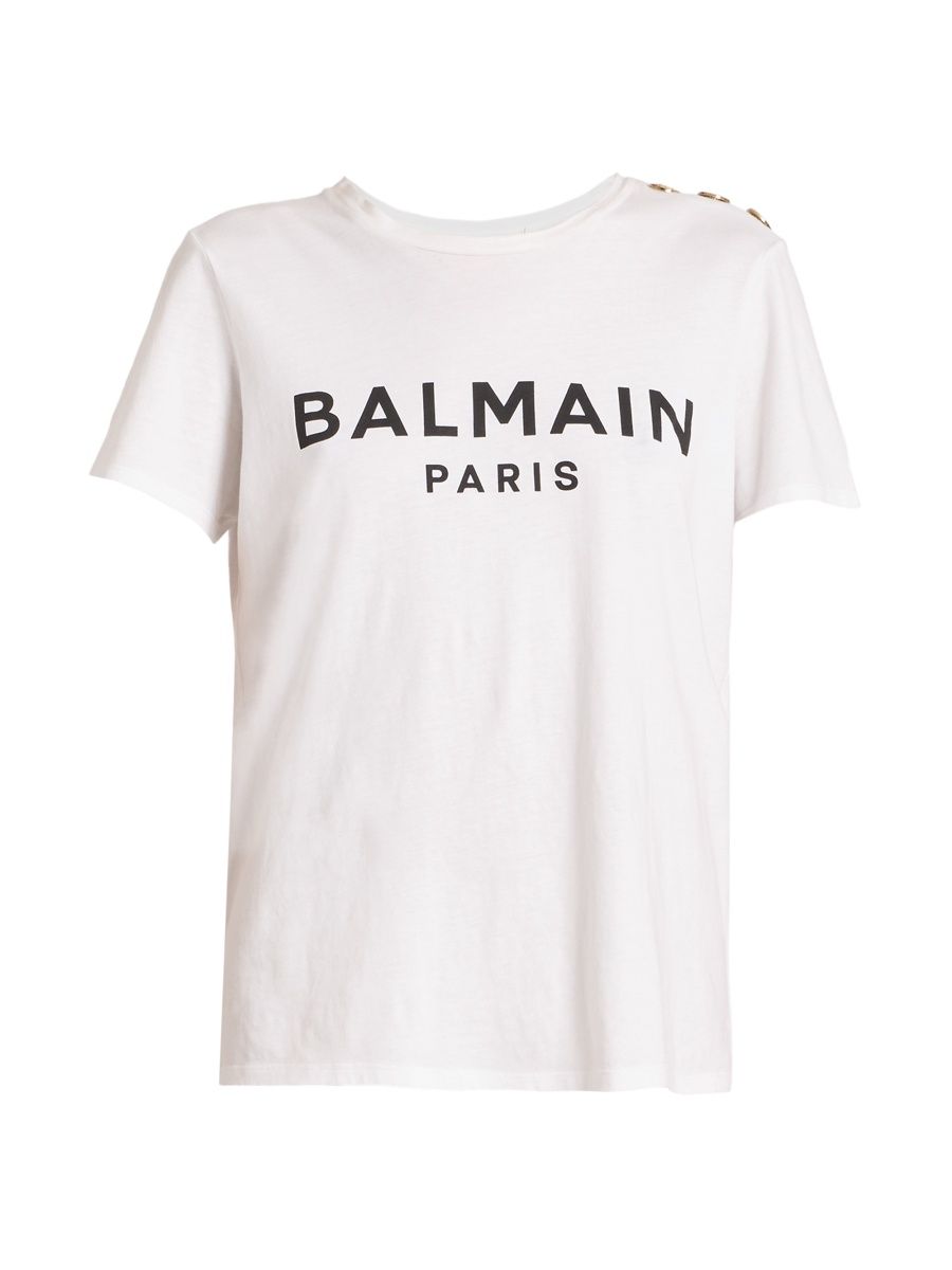 Balmain Women's Button-Embellished Logo T-Shirt - White Black - Size Medium
