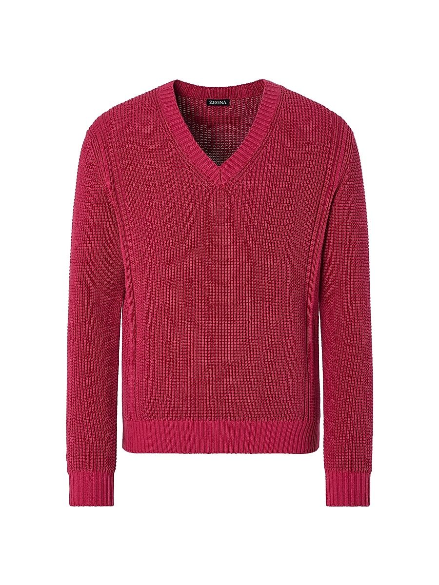 Men's Cotton and Silk V-Neck T-Shirt - Dark Pink - Size 46