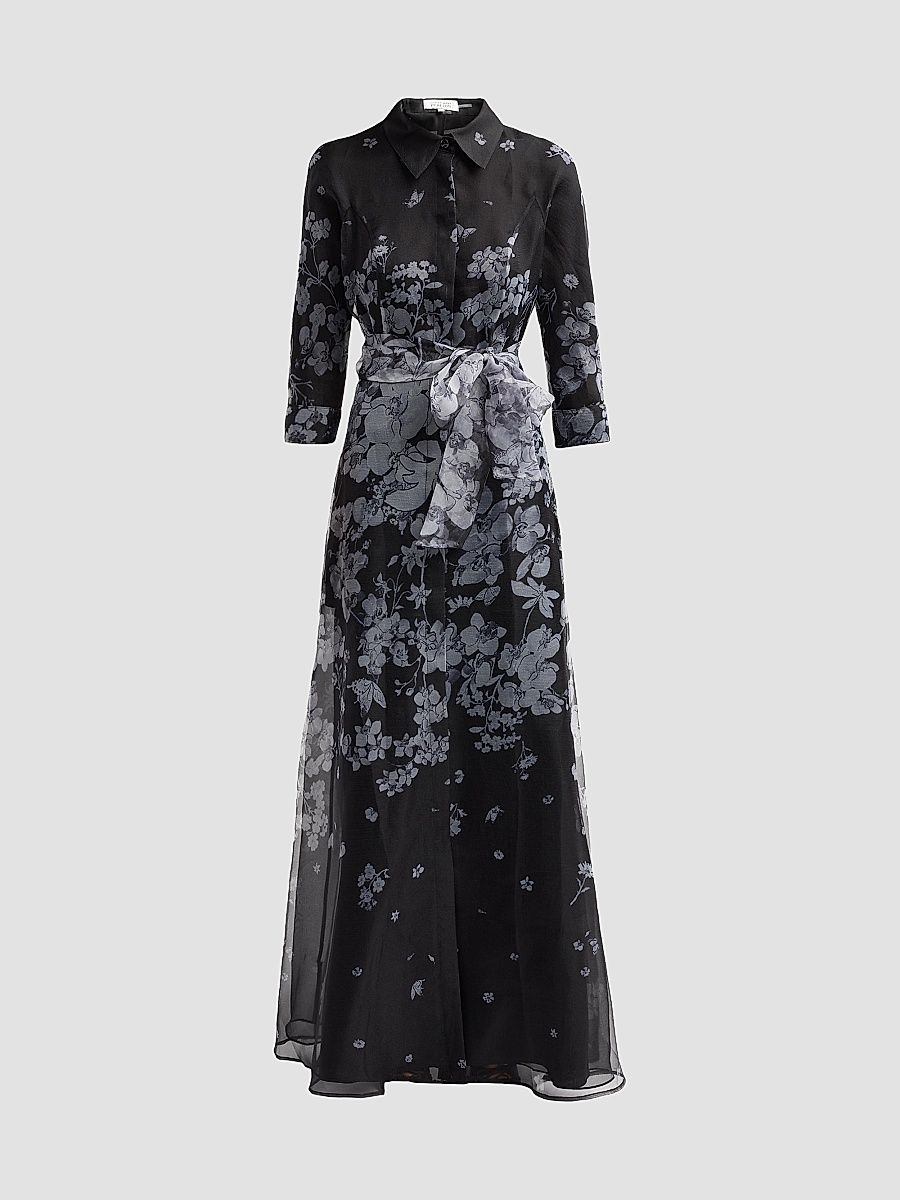 Women's Floral Organza Tie-Waist Shirt Gown - Black Silver - Size 16