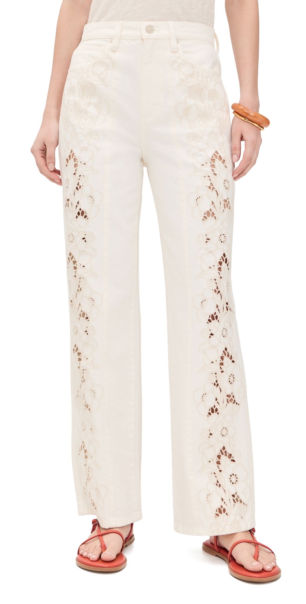 PAIGE Sawyer Wide Leg Jeans Tonal Ecru Embroidered 29