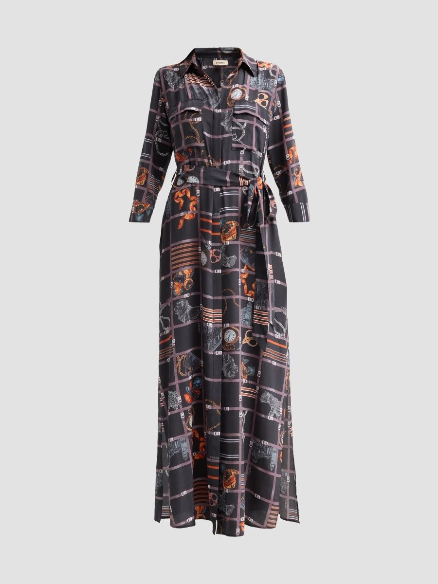L'AGENCE Women's Cameron Mixed-Print Silk Maxi Shirtdress - Navy Travellers Belt - Size XL