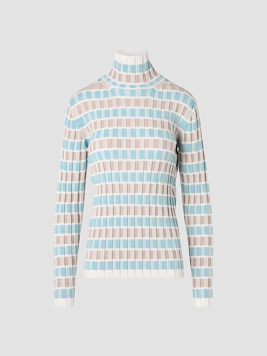Women's Intarsia Check Wool Sweater - Winter White Oat - Size 10