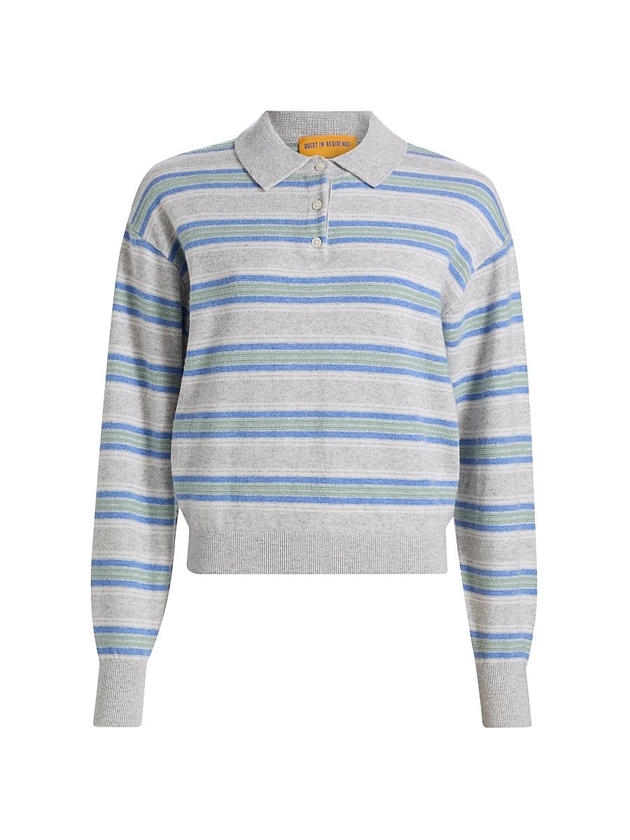 Women's Collegiate-Striped Cashmere Polo Shirt - Stone Combo - Size XL