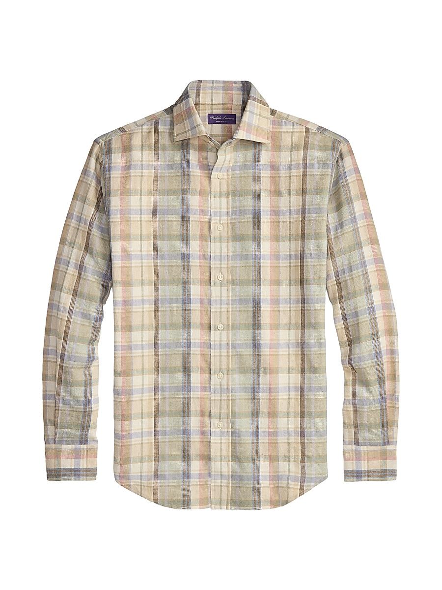 Men's Plaid Cotton-Blend Button-Front Shirt - Cream Multi - Size Small