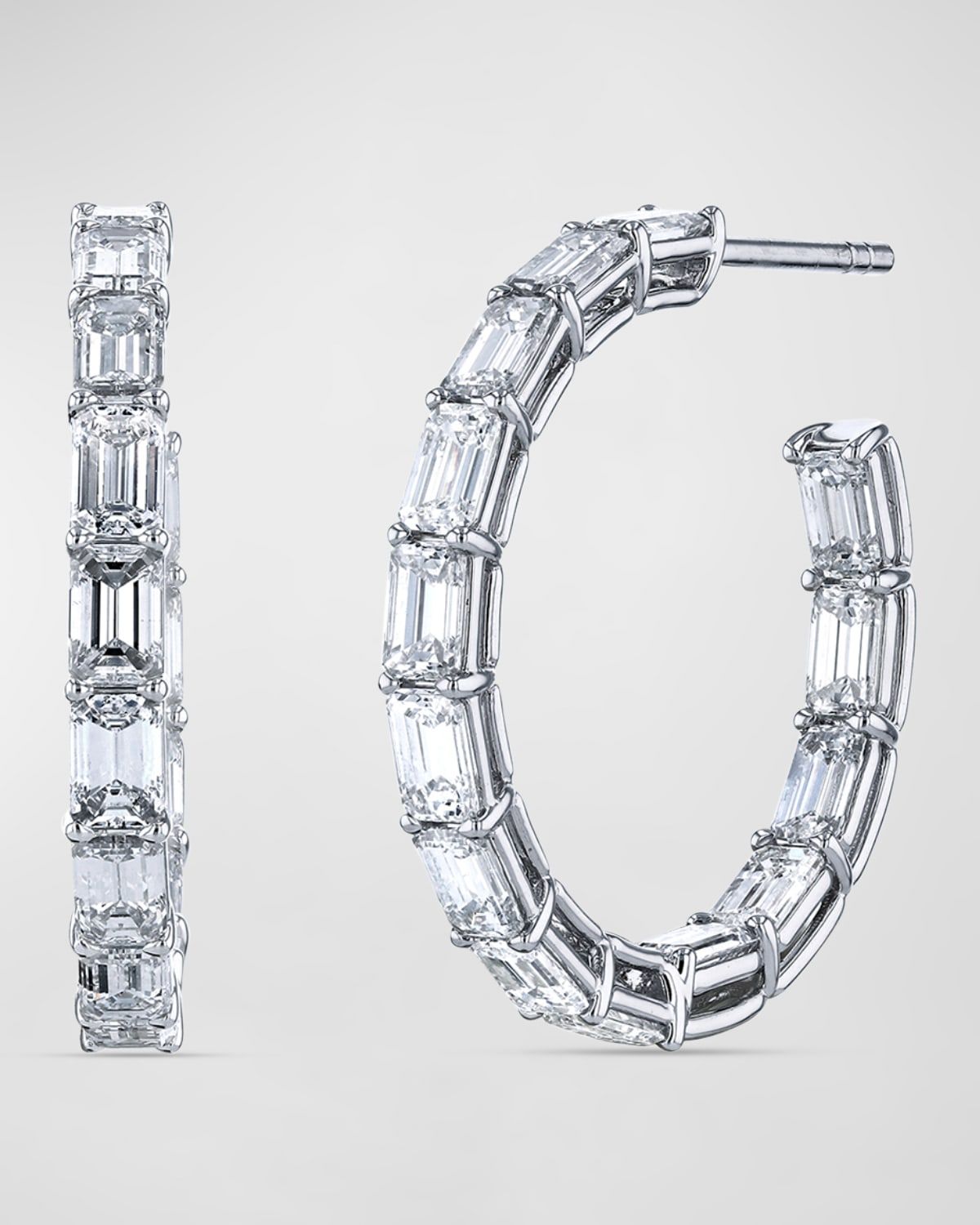 18K Gold North South Emerald Cut Diamond Hoop Earrings, 6.0tcw/1"L