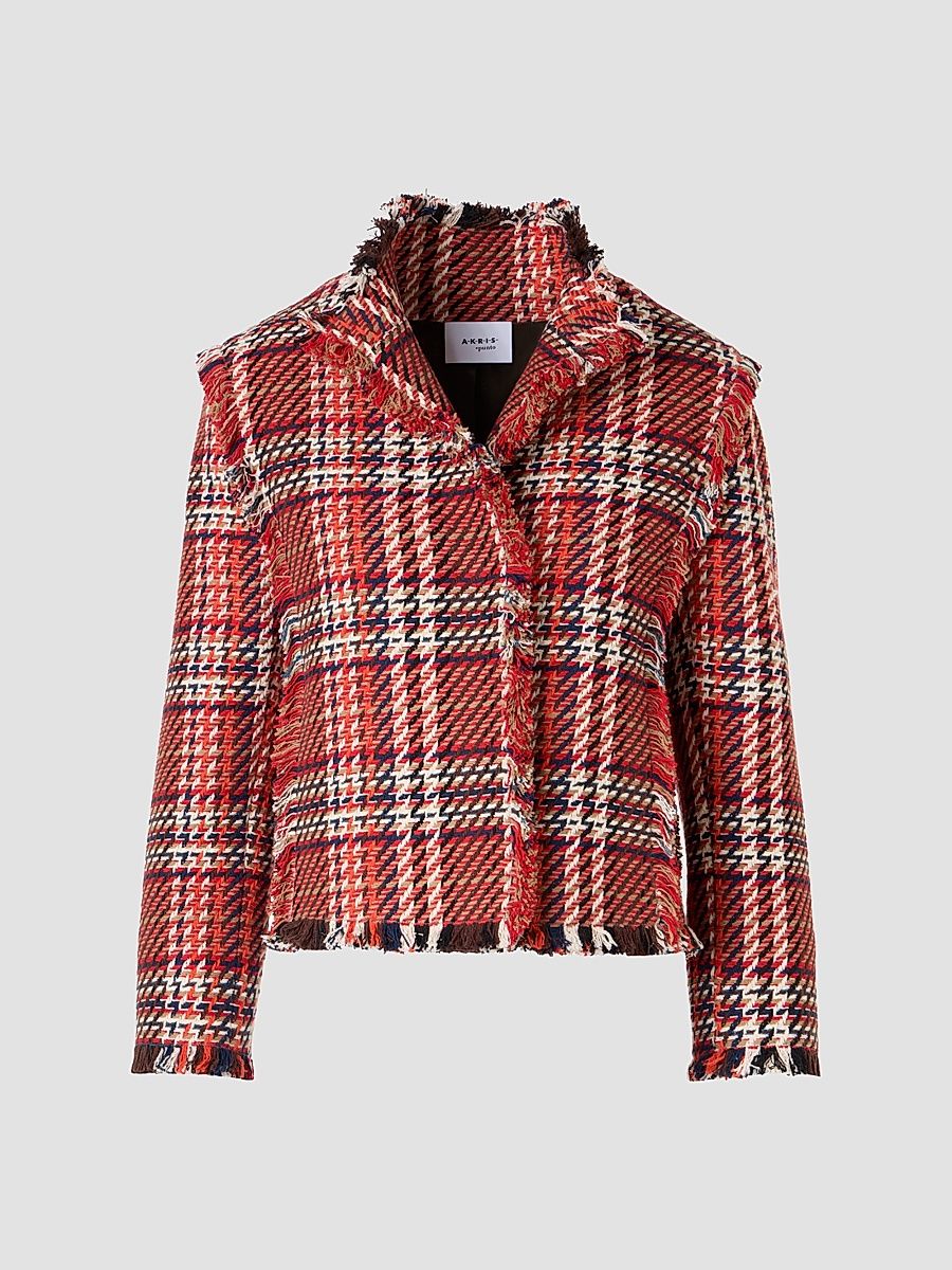 Women's Plaid Cotton-Blend Tweed Jacket - Red Multicolor - Size 18