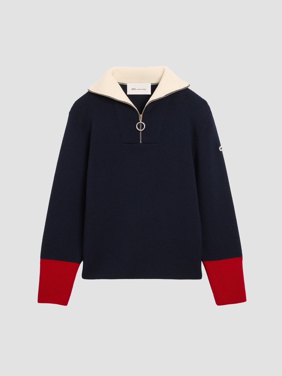 AMI Paris Men's Zipped Collar Sweater - Navy - Size XL