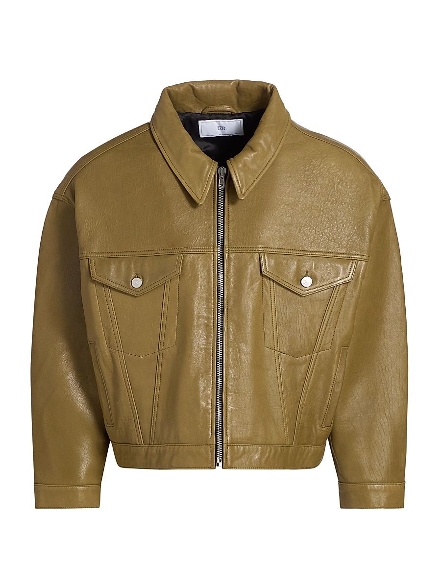 Men's Leather Trucker Jacket - Bubble Olive - Size XL