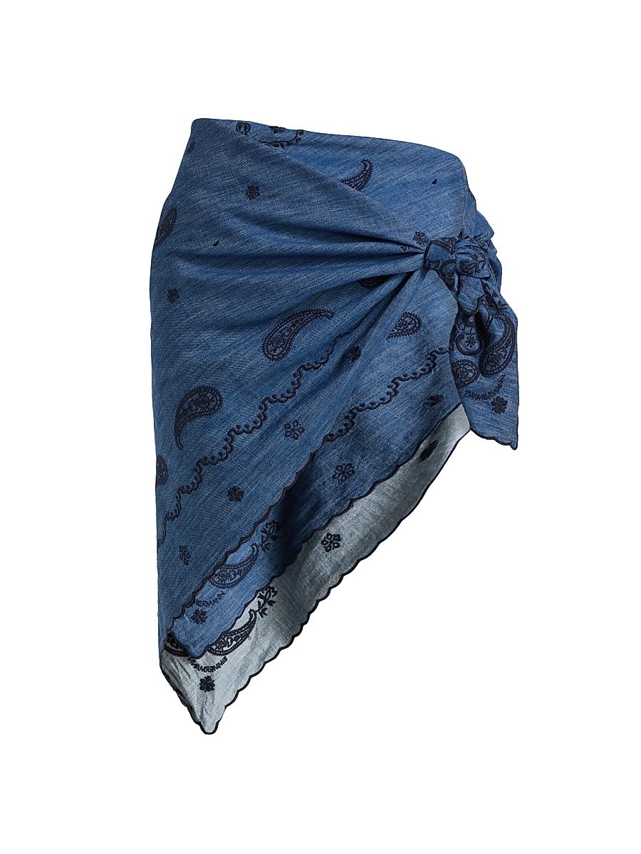 Women's Paisley-Embroidered Denim Pareo - Railway Blue
