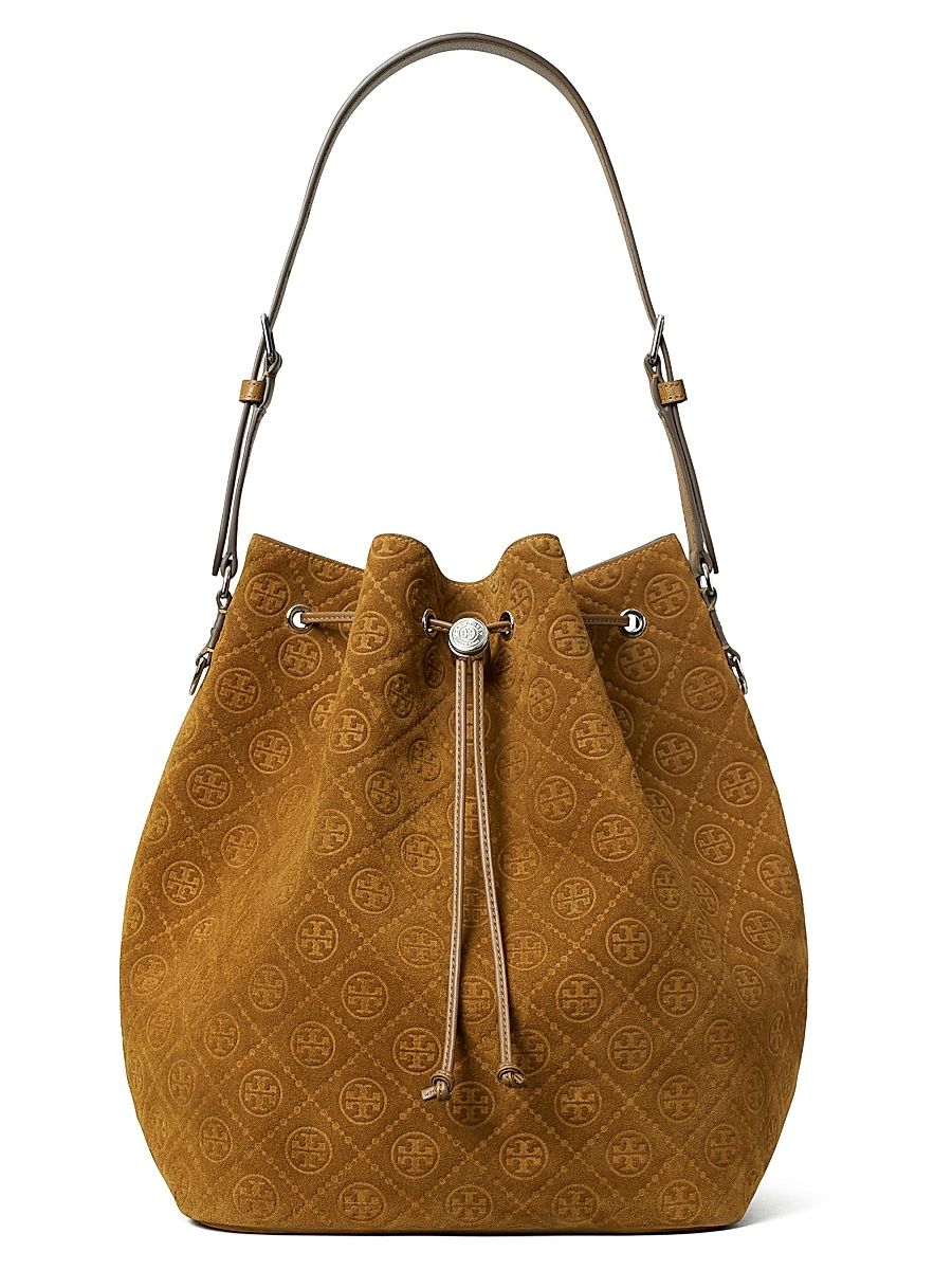 Women's T Monogram Suede Oversized Bucket Bag - Chicory Brown
