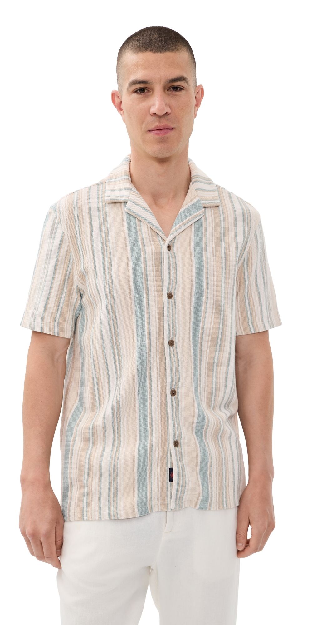 Faherty Oasis Camp Shirt Teal Cliff Stripe M