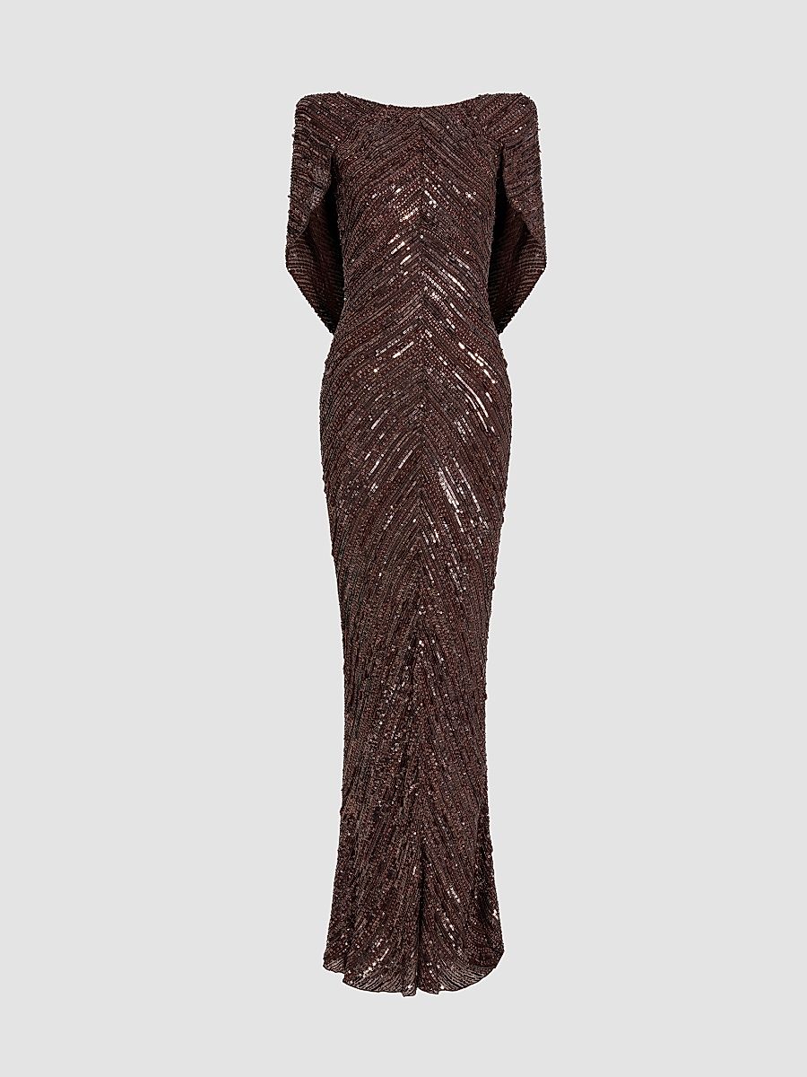 Jenny Packham Women's Sakari Sequined Cape Gown - Cacao - Size 6