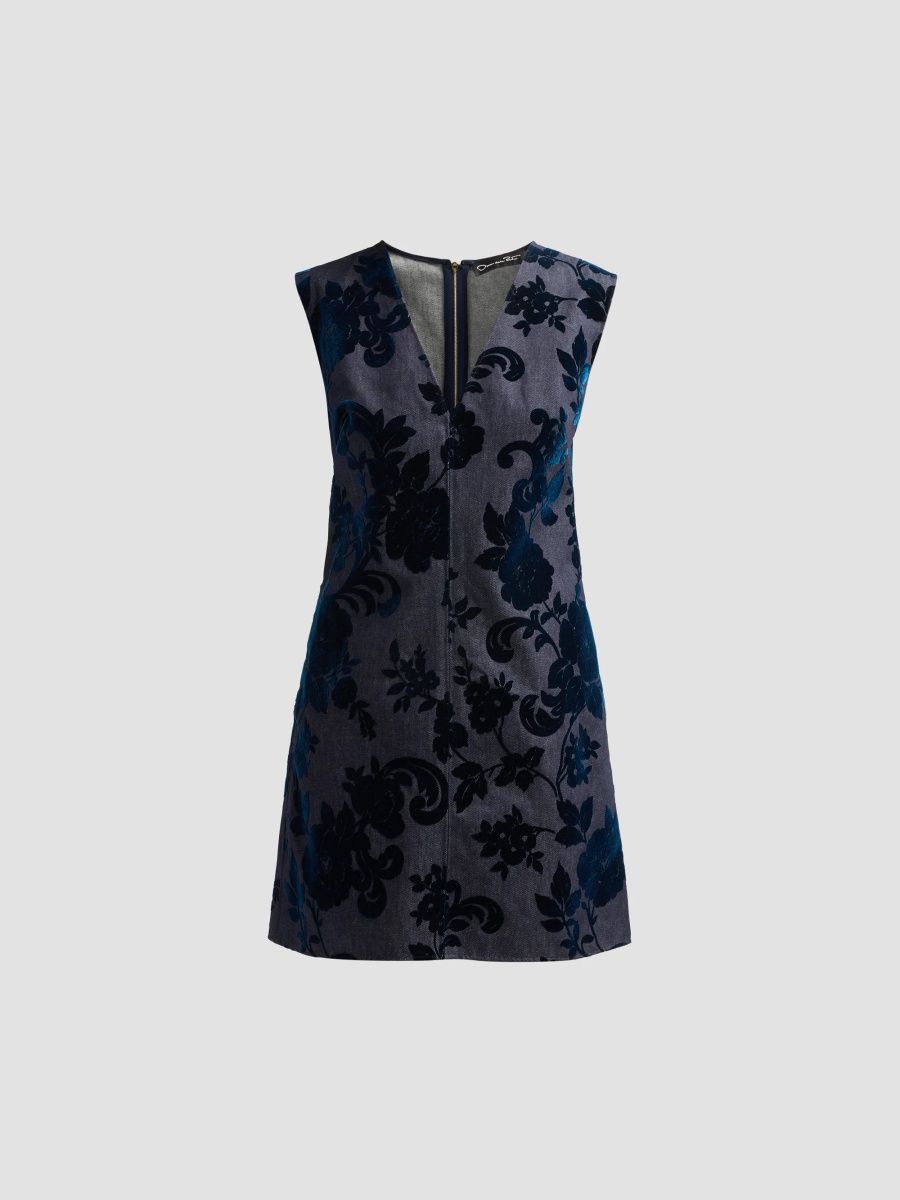 Oscar de la Renta Women's Floral Flocked Denim Mini Dress - Denim Navy - Size 16