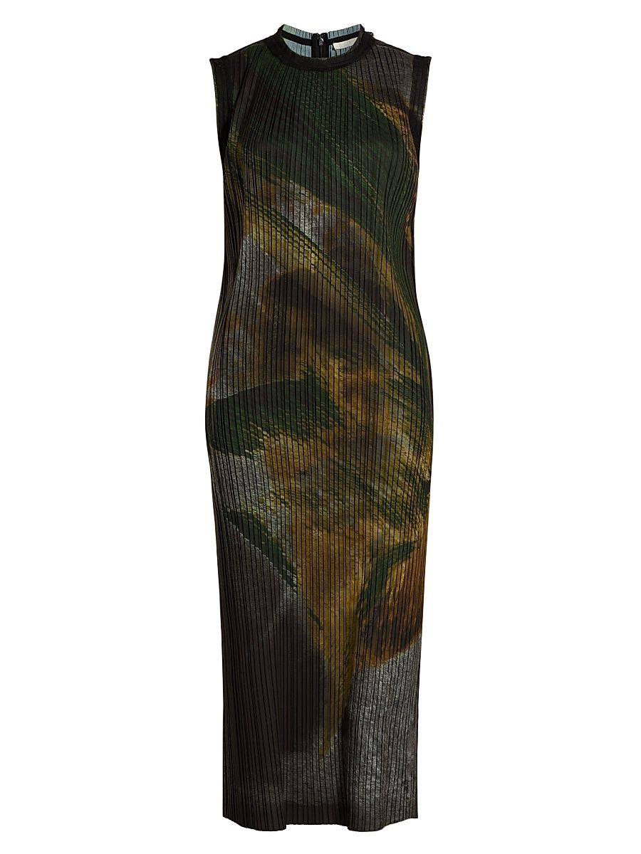 Women's Brushstroke Print Plissé Midi Shift Dress - Black Multi - Size XL