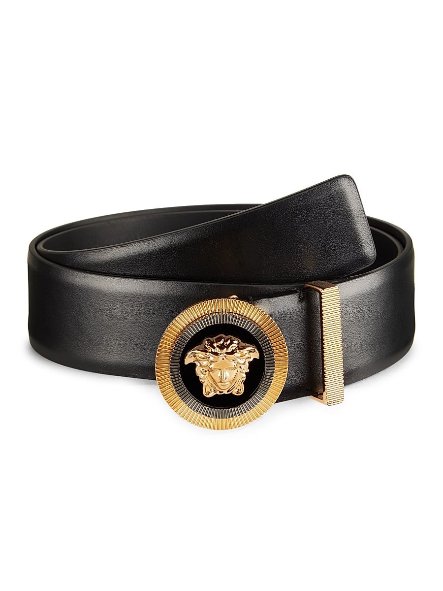 Men's Medusa Buckle Leather Belt - Black - Size 36