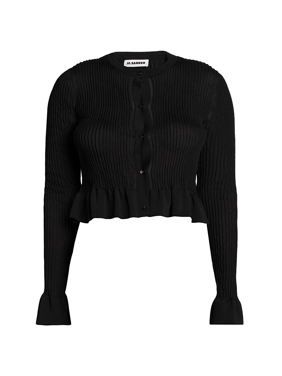 Women's Frill-Trim Rib-Knit Cardigan - Black - Size 10
