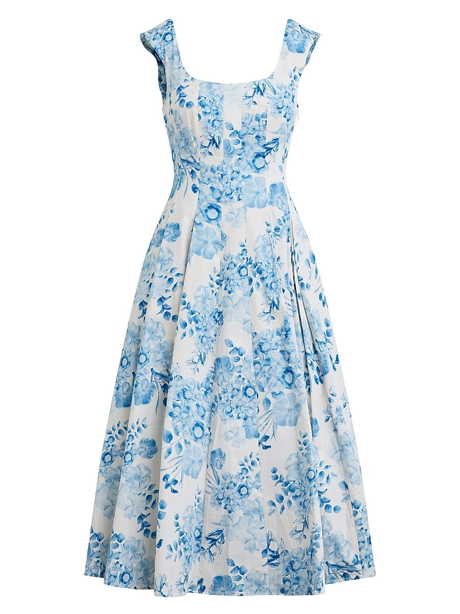 Women's The Muse Pleated Floral Stretch-Cotton Midi-Dress - Blue And White Floral - Size 0