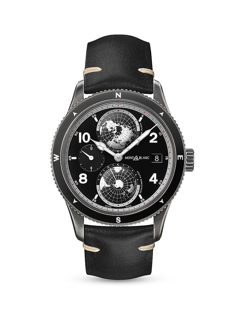 Men's 1858 Geosphere Stainless Steel & Leather Strap Watch - Black
