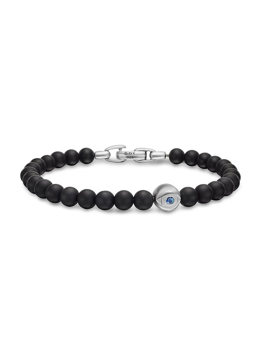 Men's Spiritual Beads Evil Eye Bracelet In Sterling Silver - Black Onyx - Size Medium