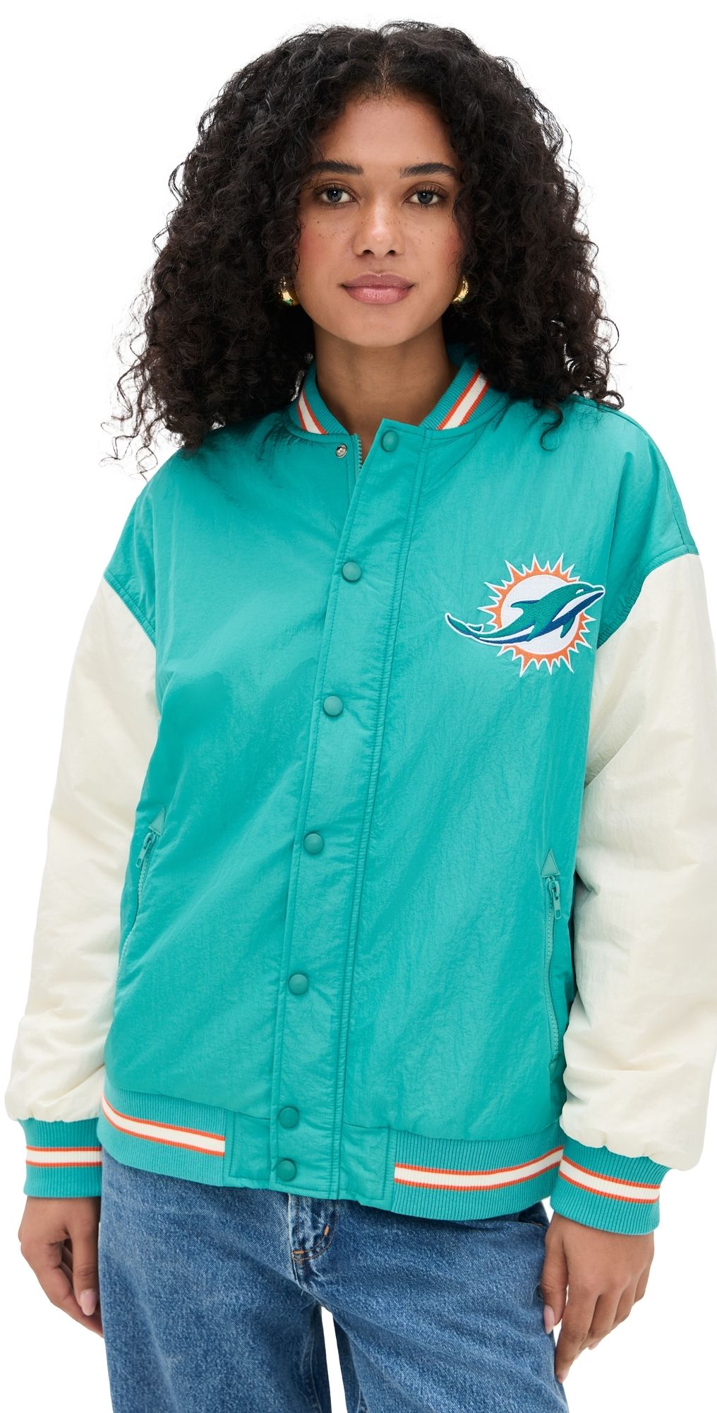 Terez Dolphins Colorblock Bomber Jacket Dolphins Aqua/Sugar Swizzle XL