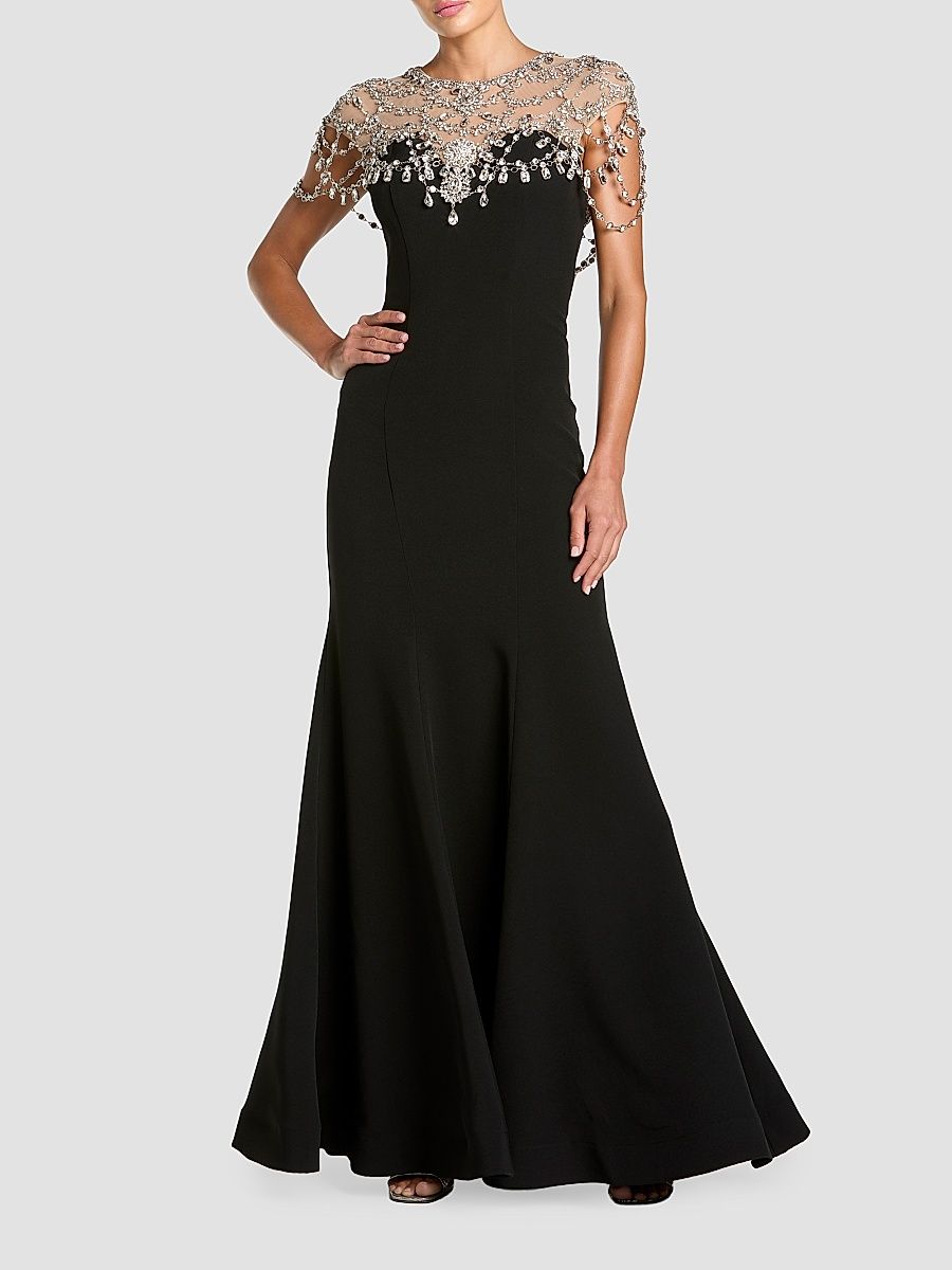 Women's Embellished Crepe Mermaid Gown - Black - Size 18