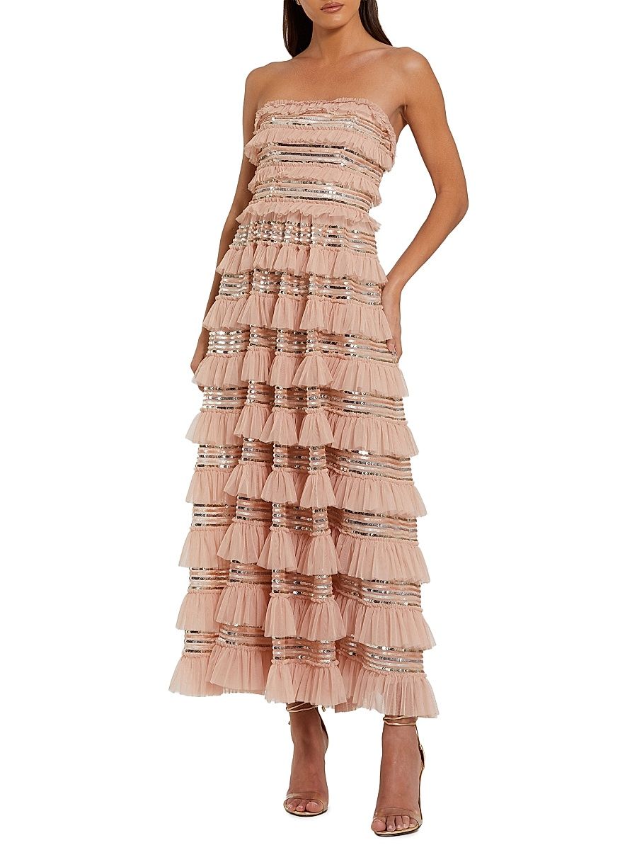 Women's Sequin-Striped Ruffled Mesh Strapless Maxi Dress - Porcelain - Size 12