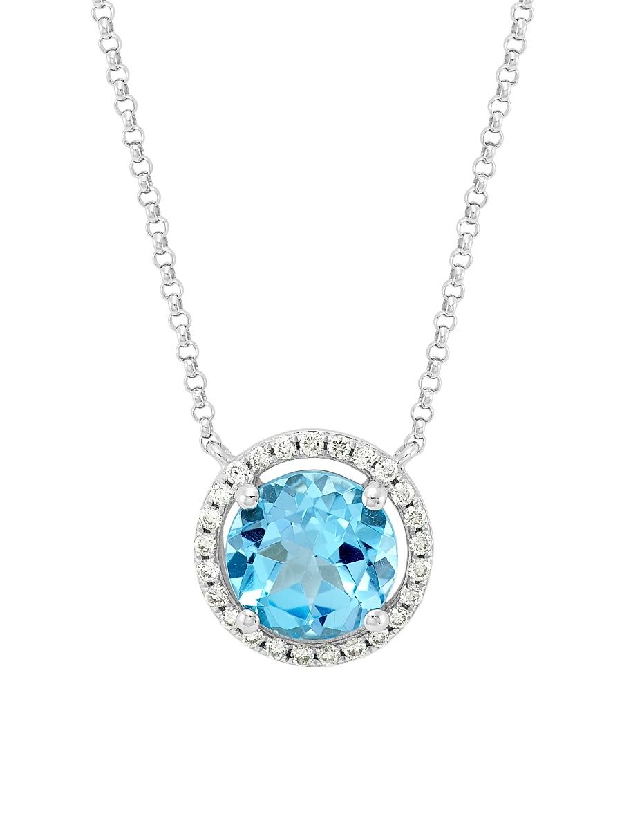 Women's 14K White Gold, Blue Topaz & 0.14 TCW Diamond Halo Pendant Necklace - White Gold