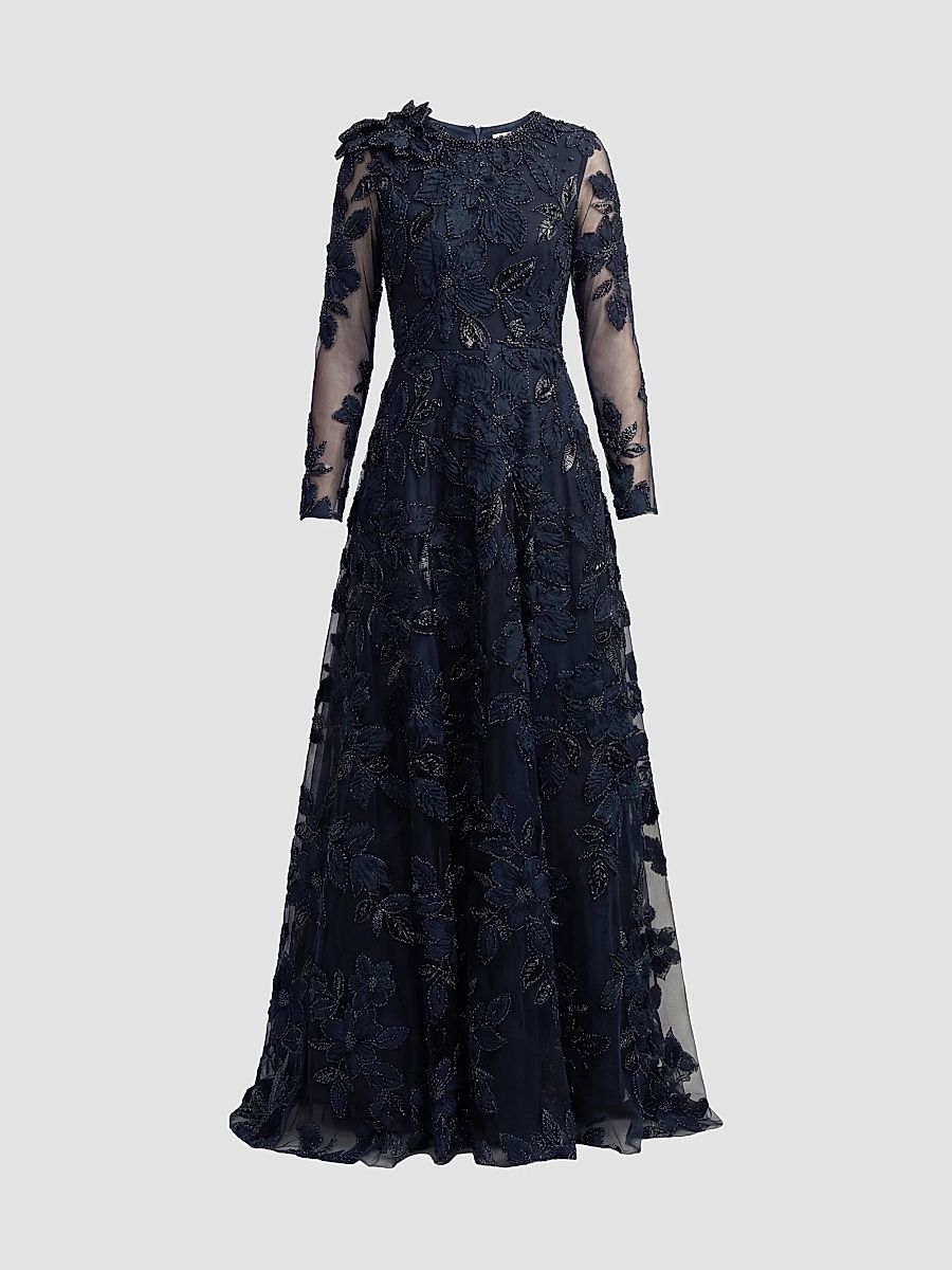 Mac Duggal Women's Floral Mesh Long-Sleeve Gown - Midnight - Size 20
