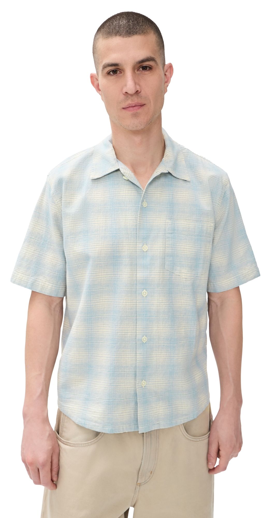 Corridor Linen Plaid Short Sleeve Shirt Light Blue M