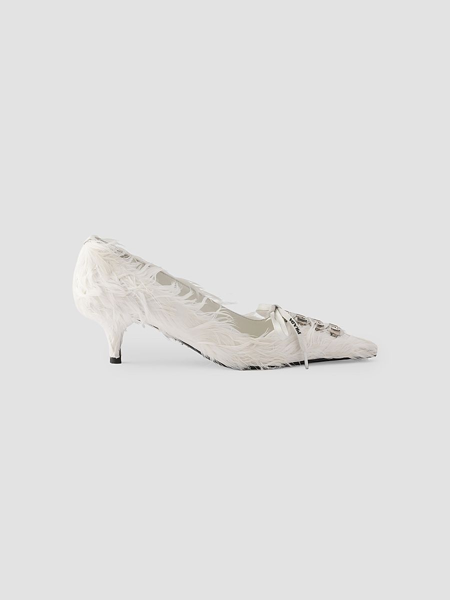 Prada Women's Feather Embellished Satin Pumps - White - Size 10