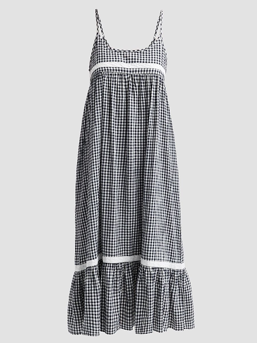 Women's Checked Lace-Trim Cotton-Blend Seersucker Nightie - Deep Navy - Size Medium