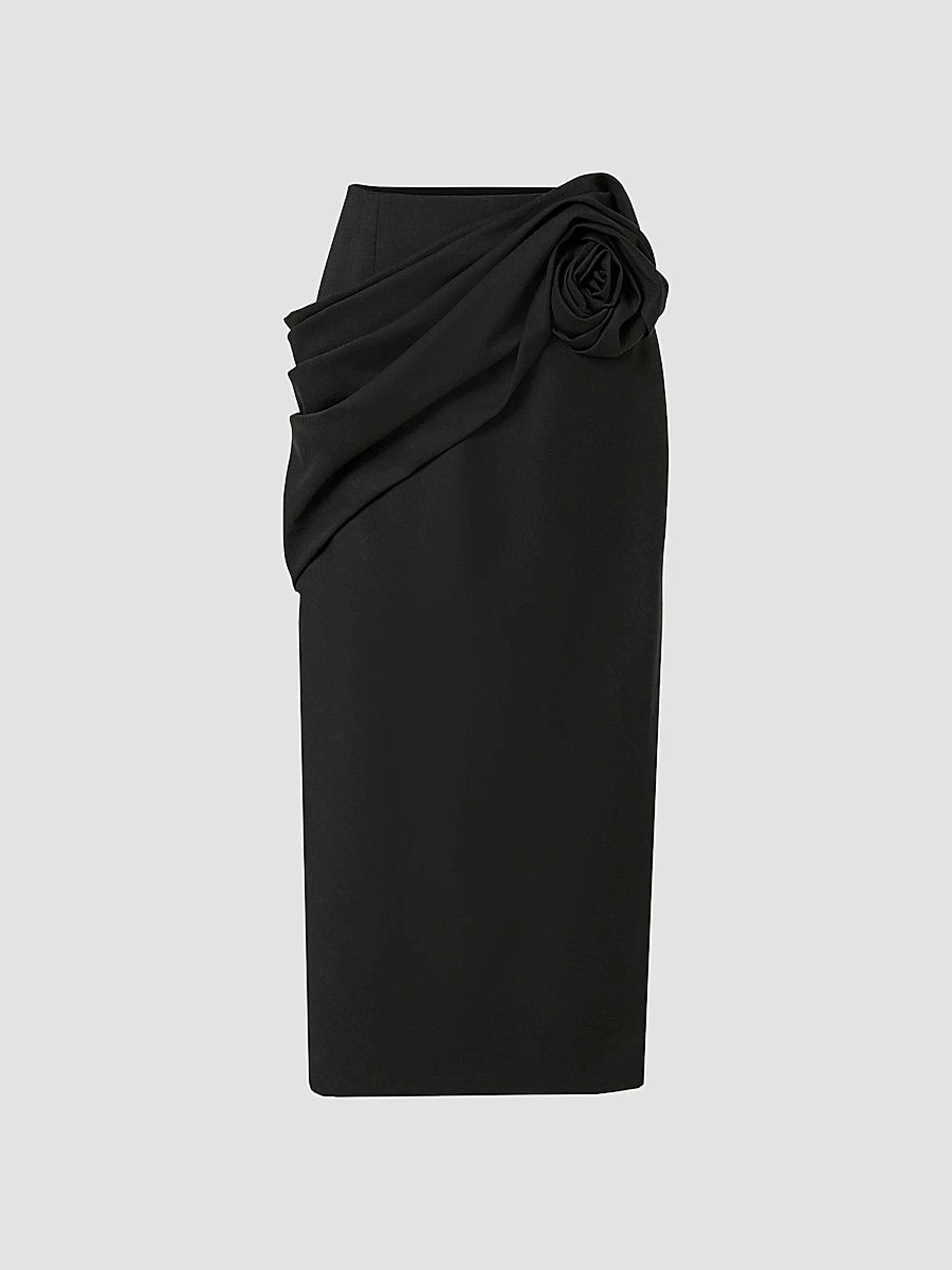 Women's Draped 3D-Rose Virgin Wool-Blend Midi Skirt - Black - Size 10