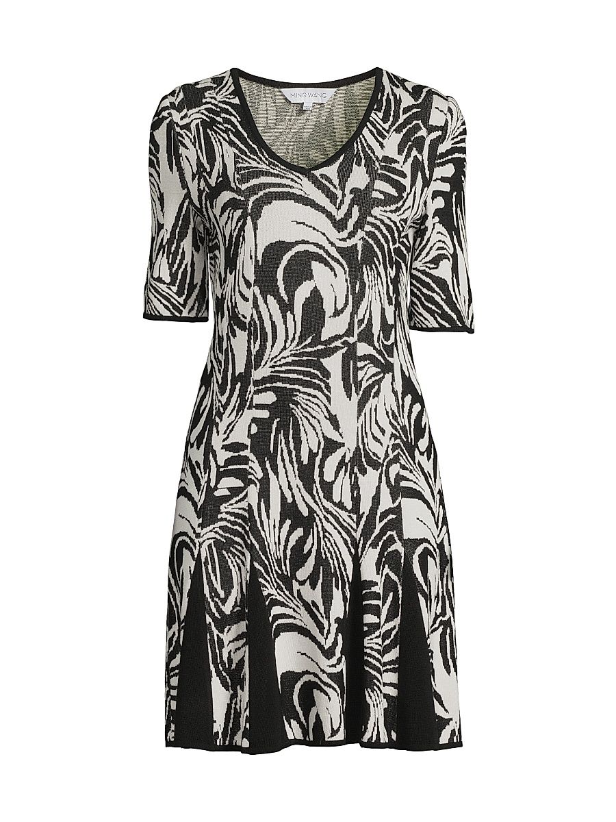 Women's Fit-N-Flare Jacquard Knit Dress - Black Ivory - Size Medium