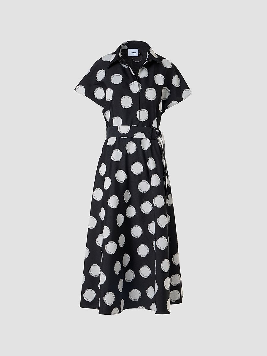 Women's Fringed Polka Dot Jacquard Midi Shirtdress - Black Cream - Size 16
