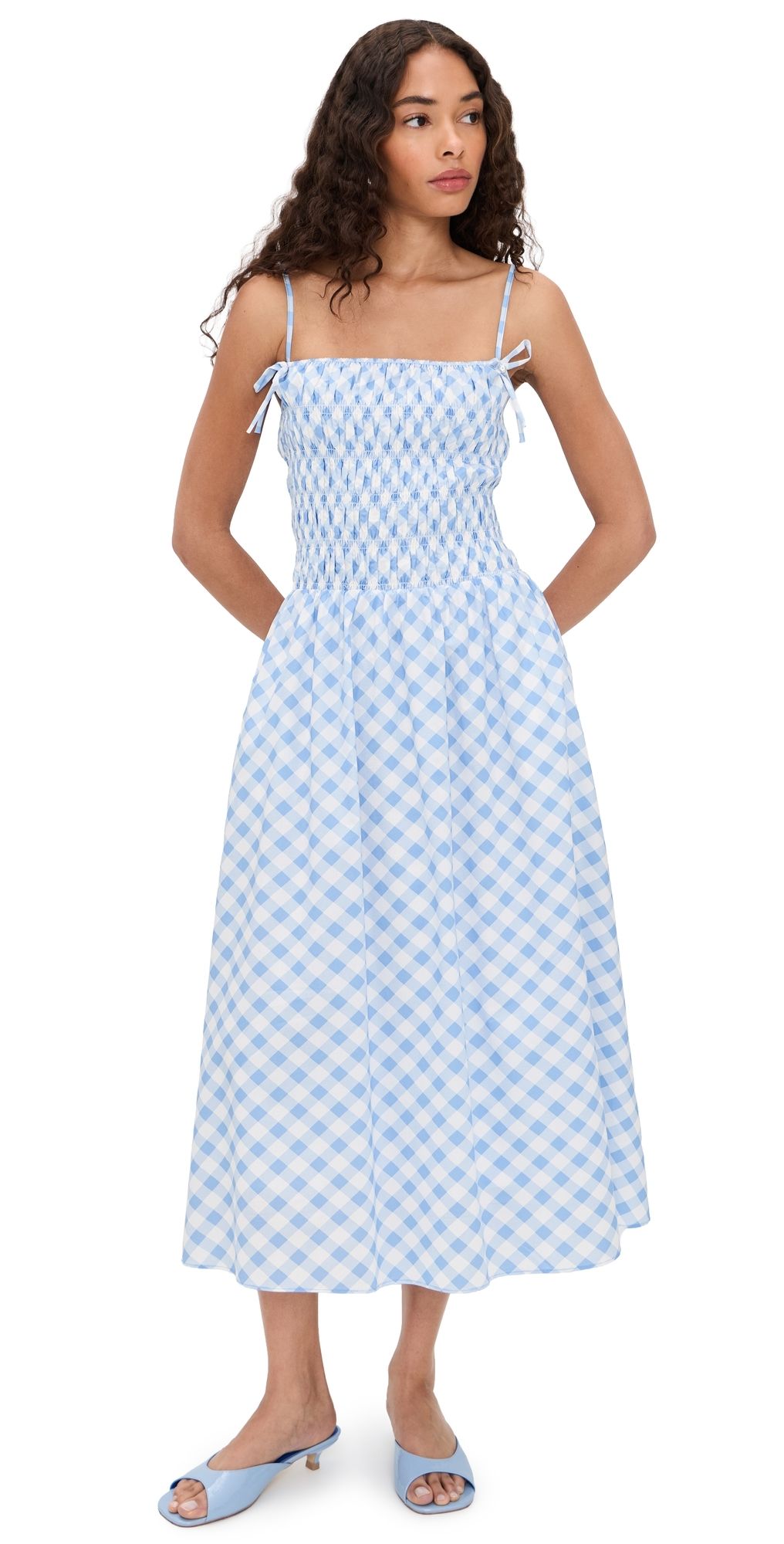 English Factory Checked Smocked Midi Dress Powder Blue XS