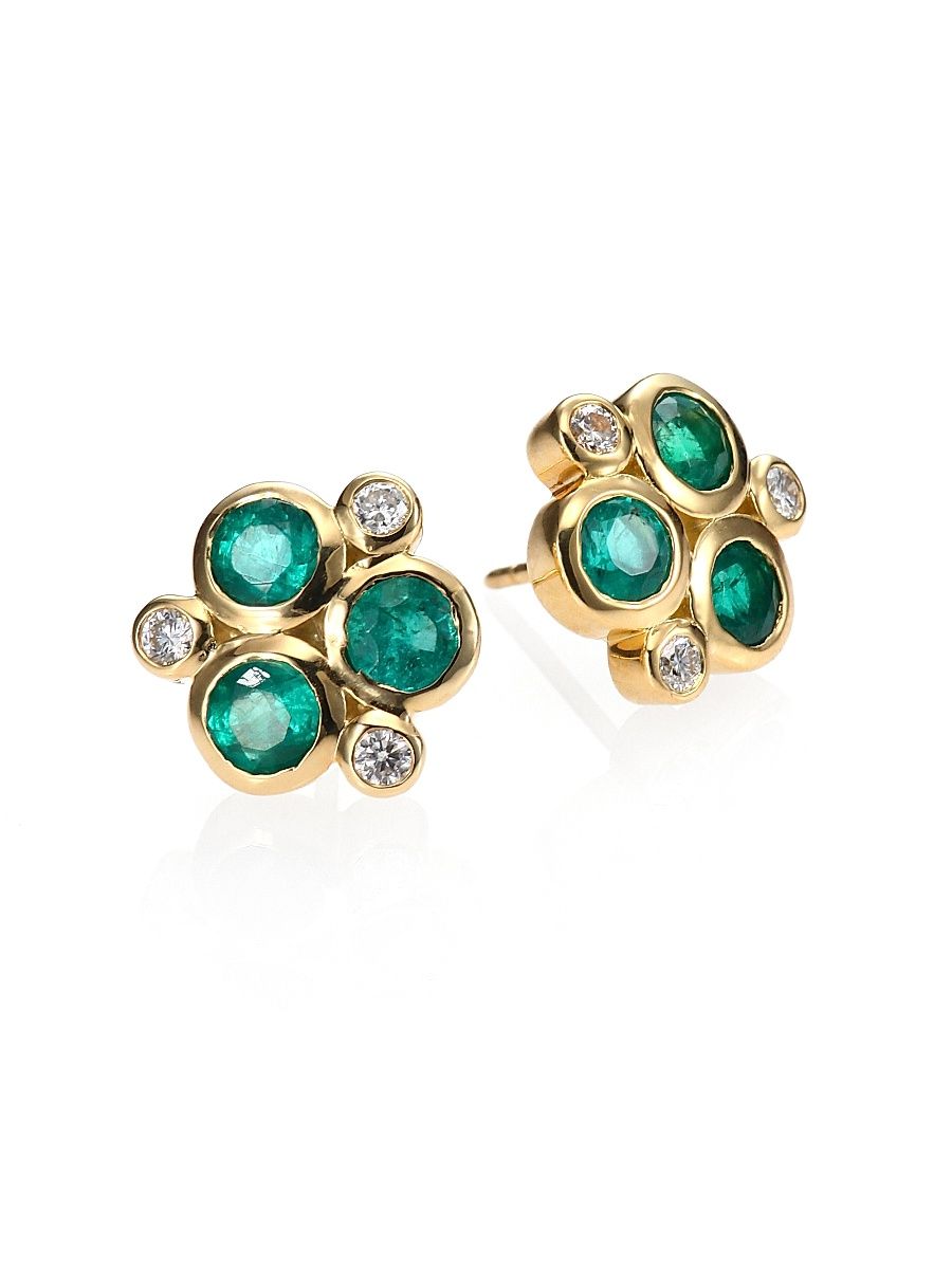 Women's Classic Color Emerald, Diamond & 18K Yellow Gold Trio Earrings - Emerald