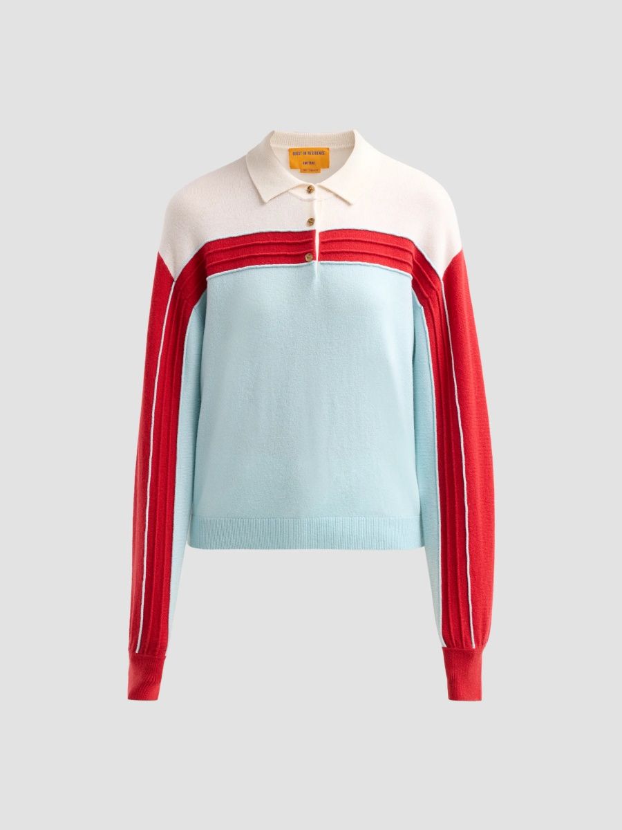 Guest in Residence Women's Alpine Collegiate Colorblocked Cashmere Polo Sweater - Alice Blue Combo - Size Small