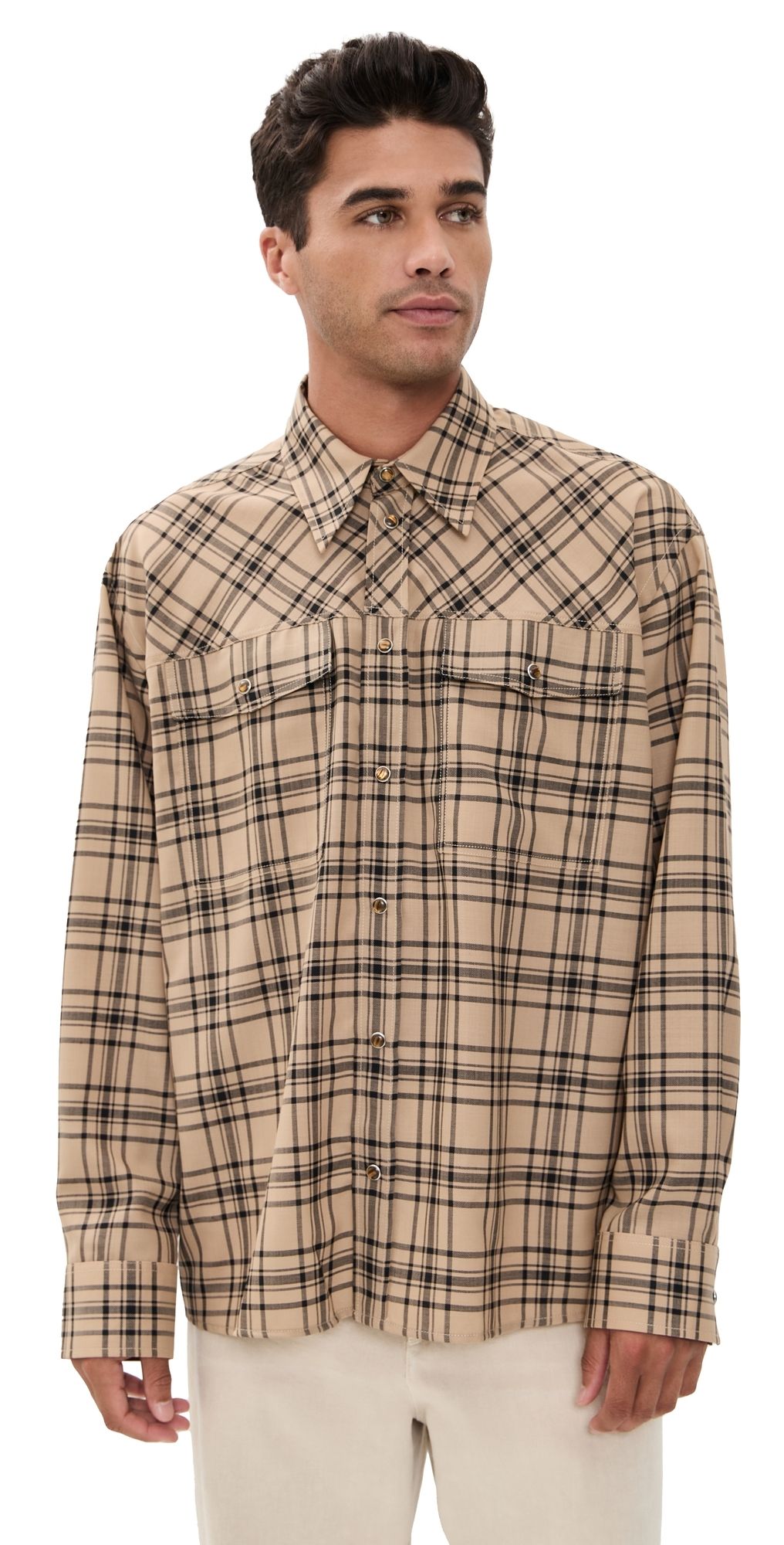AMI Checked Wool Twill Shirt Camel/Noir M